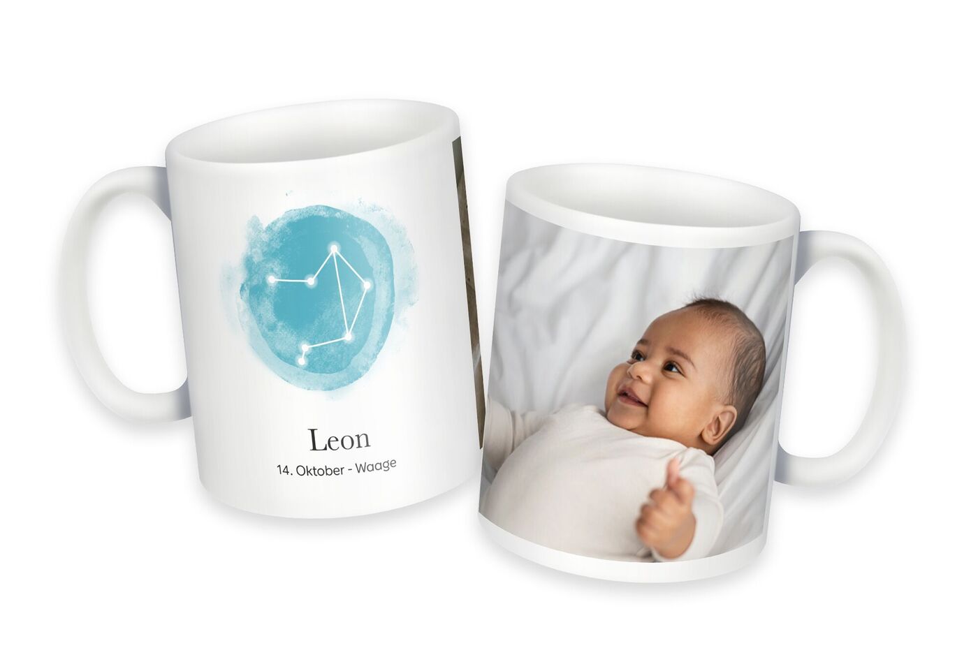 Mok met een persoonlijk ontwerp met een astronomische afbeelding en de naam Leon.