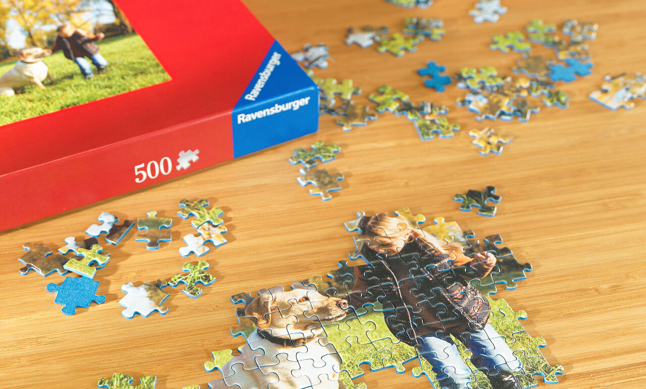 Puzzelstukken van Ravensburger puzzel met een hond en een meisje buiten
