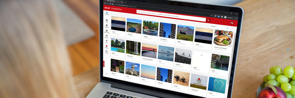 Een persoon zit achter een laptop en bekijkt een fotogalerij met diverse afbeeldingen.