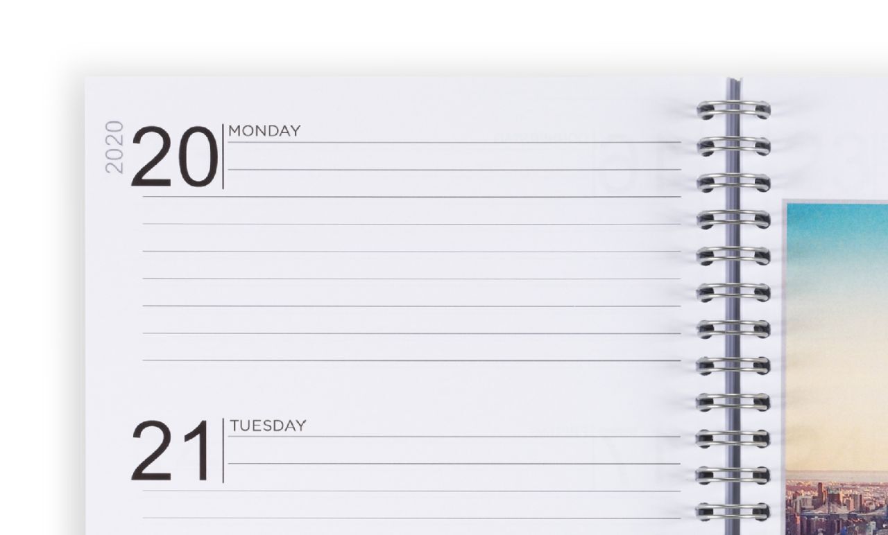 Een geopende kalender met lege pagina's die de 20e en 21e dag tonen