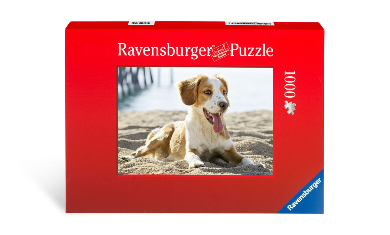 Puzzel met een vrolijke hond op het strand als motief.