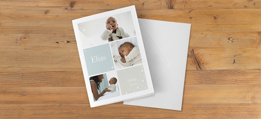 Een lieve kaart met foto's van een baby en moeder, in zachte kleuren met schattige tekst.