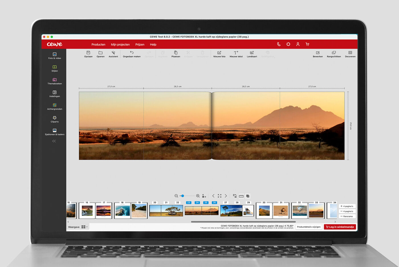 Screenshot van de CEWE-software met een geopend fotoboekontwerp.