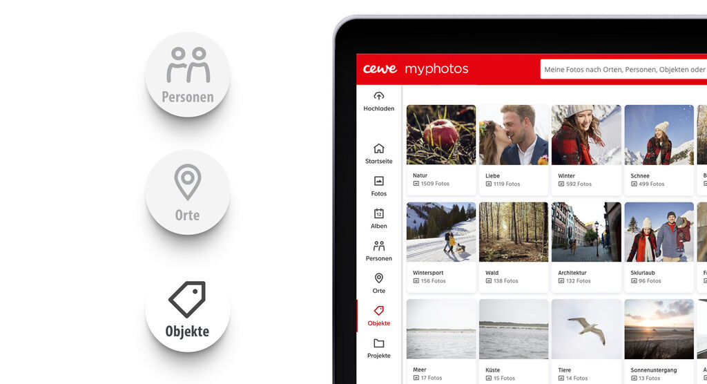 Overzicht van de CEWE myphotos app met de categorieën personen, locaties en objecten.