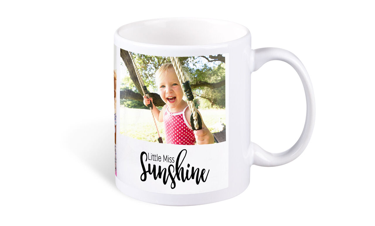 Witte beker met een vrolijke foto van een kind op een schommel, versierd met de tekst 'Little Miss Sunshine' in speelse letters.