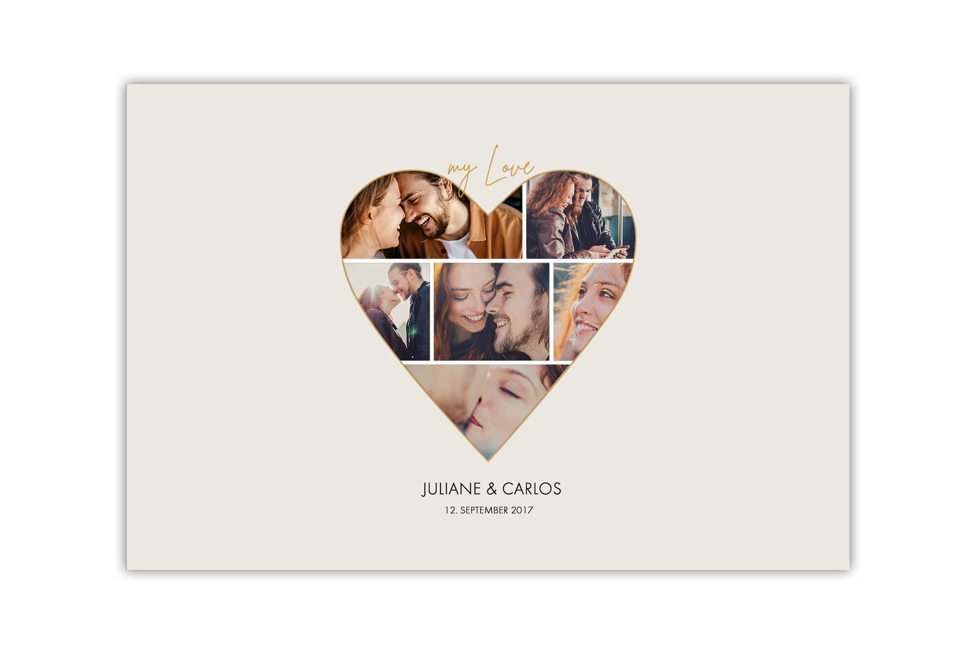 Trouwalbum met foto's van Juliane en Carlos, in hartvorm gesneden.