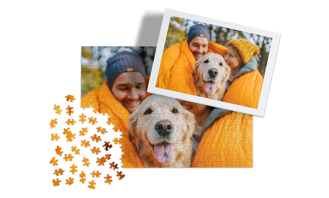Twee blije honden in een oranje deken, omringd door puzzelstukjes.