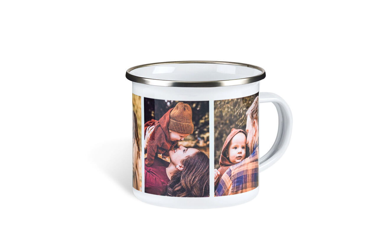 Een liefdevol ontworpen gepersonaliseerde beker met foto's van gelukkige momenten.