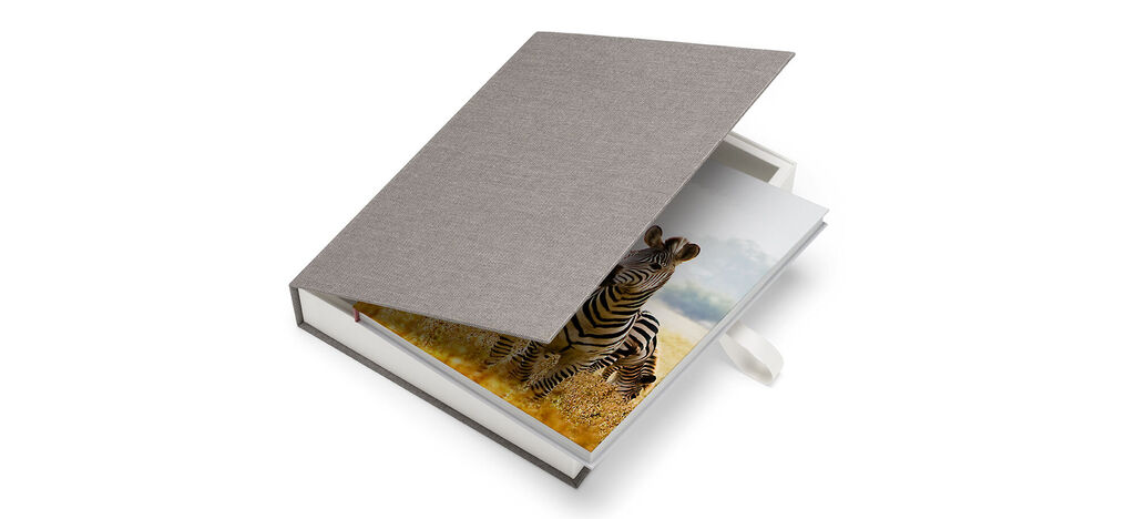 Een geopend CEWE FOTBOEK met een afbeelding van een zebra in een grasveld.
