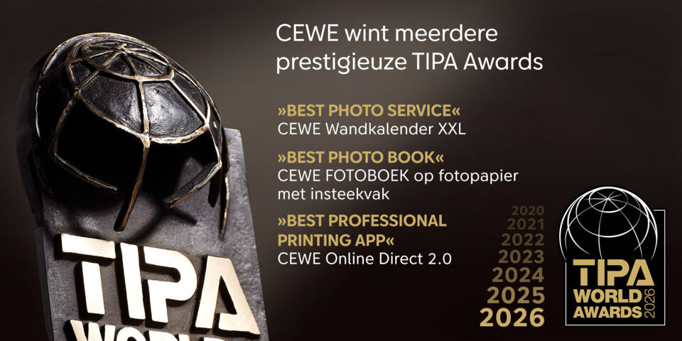 CEWE wint meerdere prestigieuze TIPA Awards, waaronder voor fotoboek, fotokalender en printapp, met TIPA World Awards-logo en jaartallen
