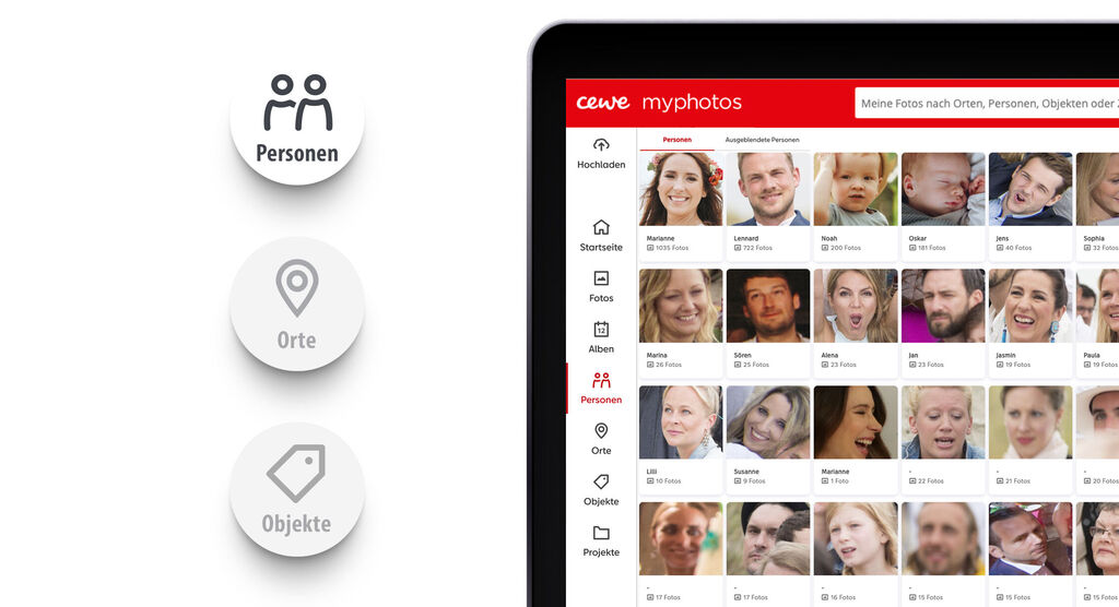 Overzicht van functies op het CEWE myPhotos platform in de context van fotobewerking.