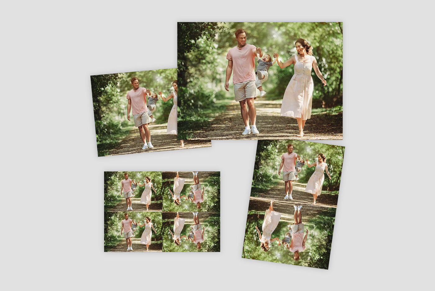 Set fotoafdrukken met herhaalde beelden van twee mensen die buiten wandelen