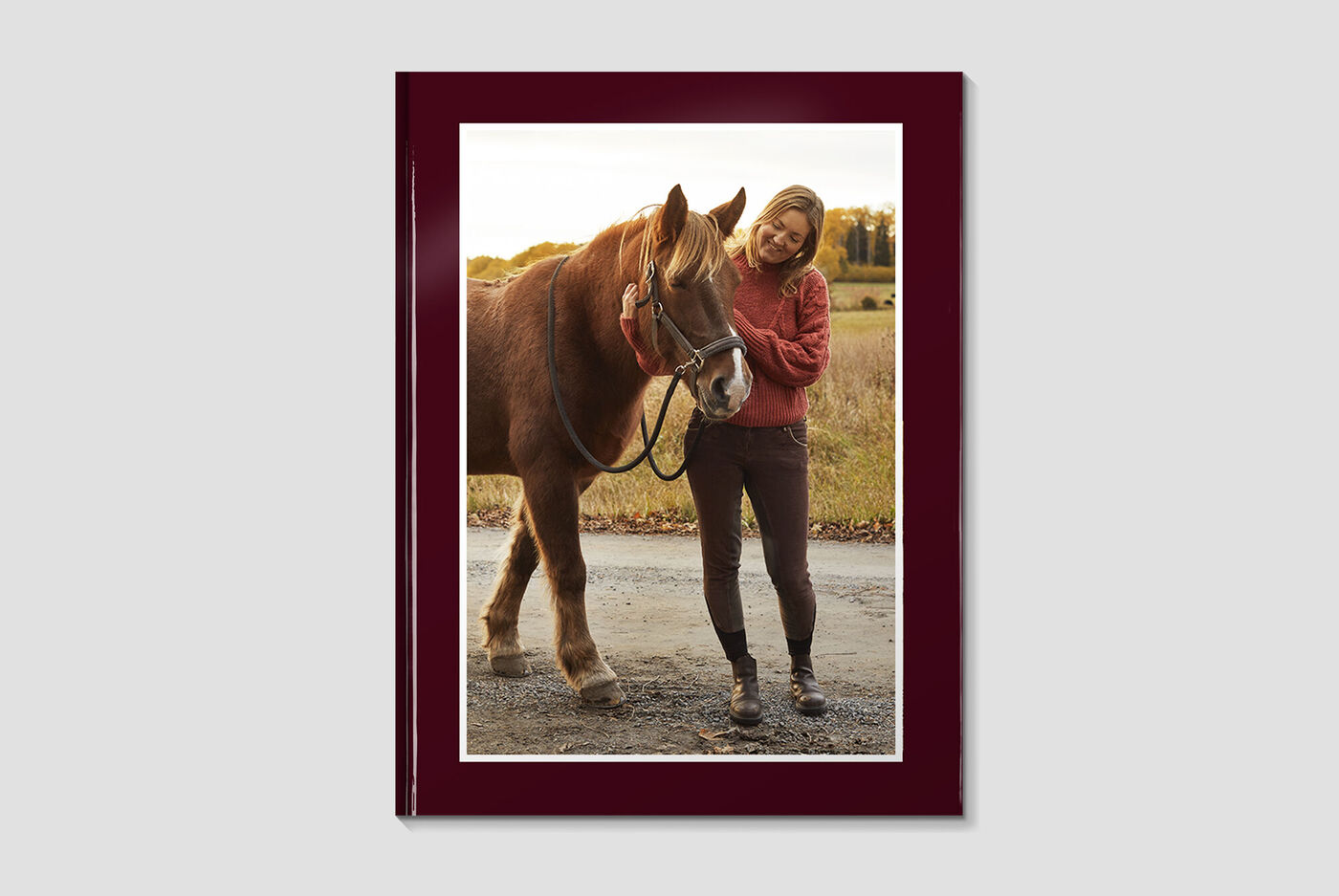 Een gelukkige vrouw knuffelt een paard in een veld. De scène straalt vreugde en verbondenheid uit.
