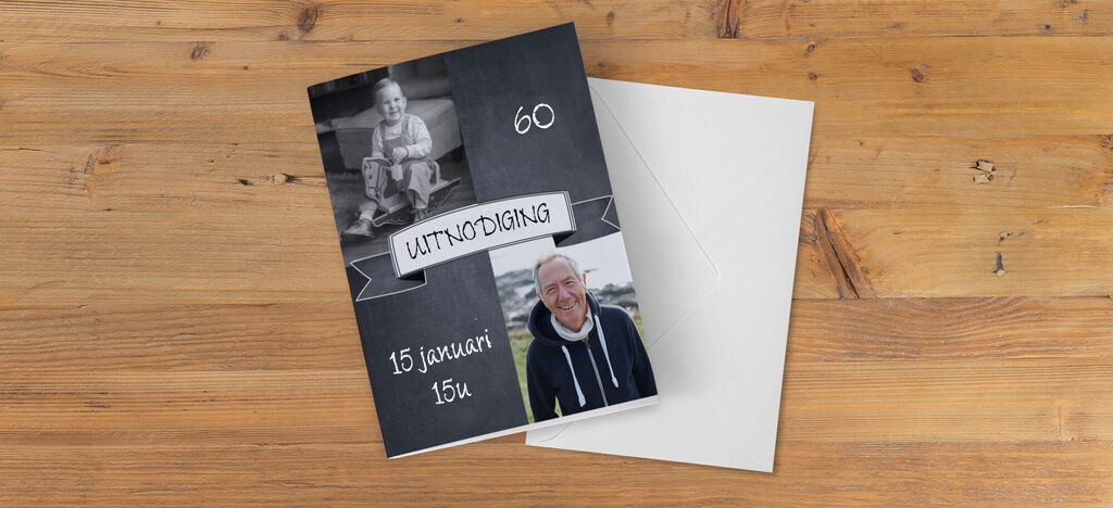 Zwart-witte kaart voor 60e verjaardag met kleurrijke elementen.
