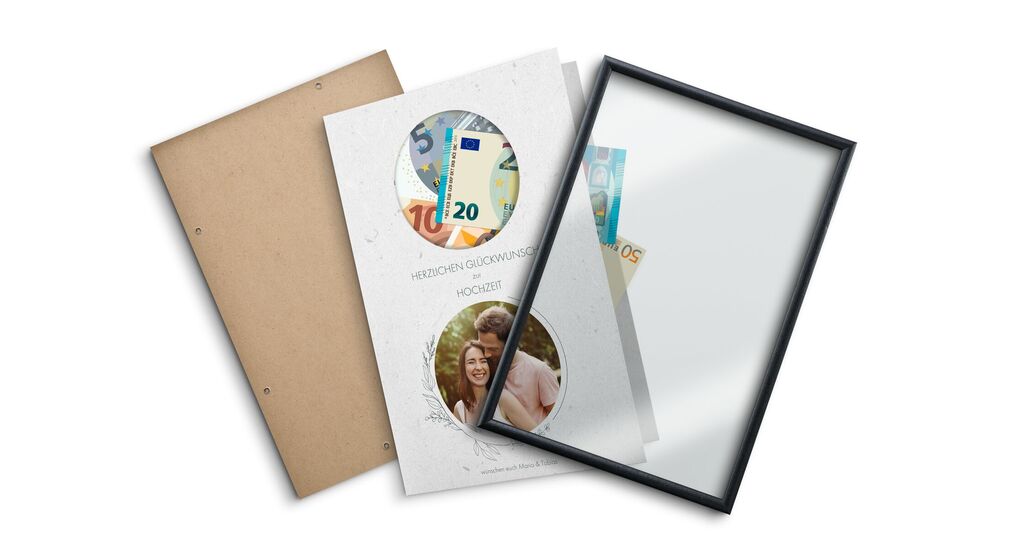 Een creatief fotoboek met een rand die een bankbiljet toont. Een uniek cadeau voor speciale momenten en dierbaren.