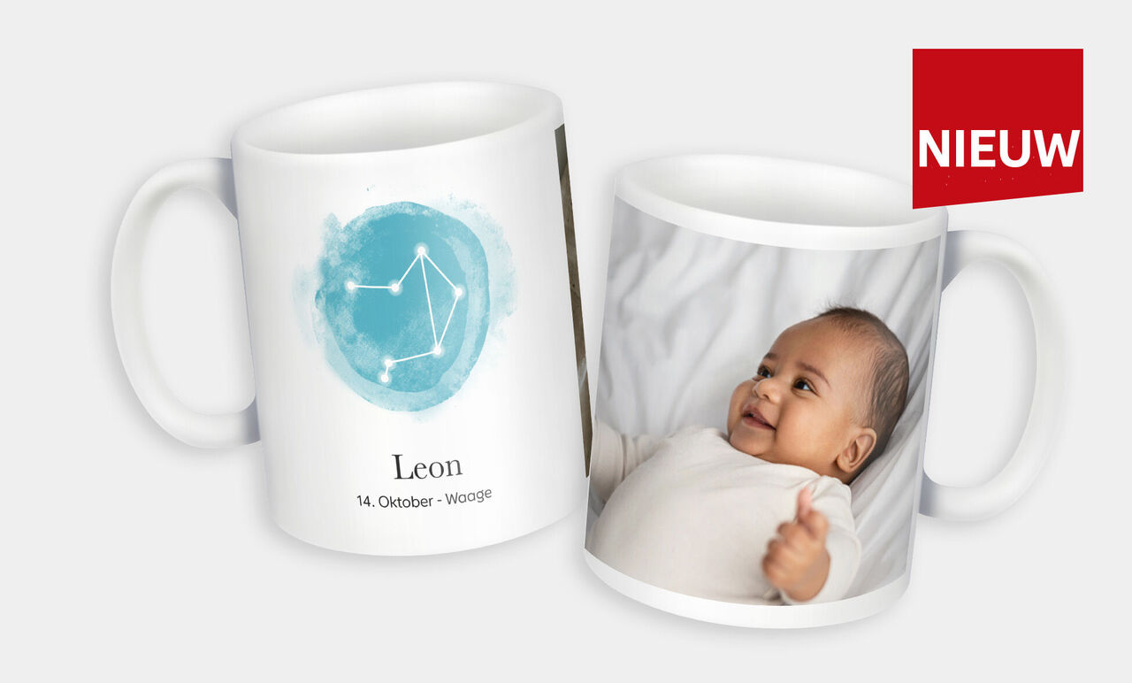 Een liefdevol ontworpen beker met de naam Leon en een watermotief. Aan de andere kant lacht een klein kind.