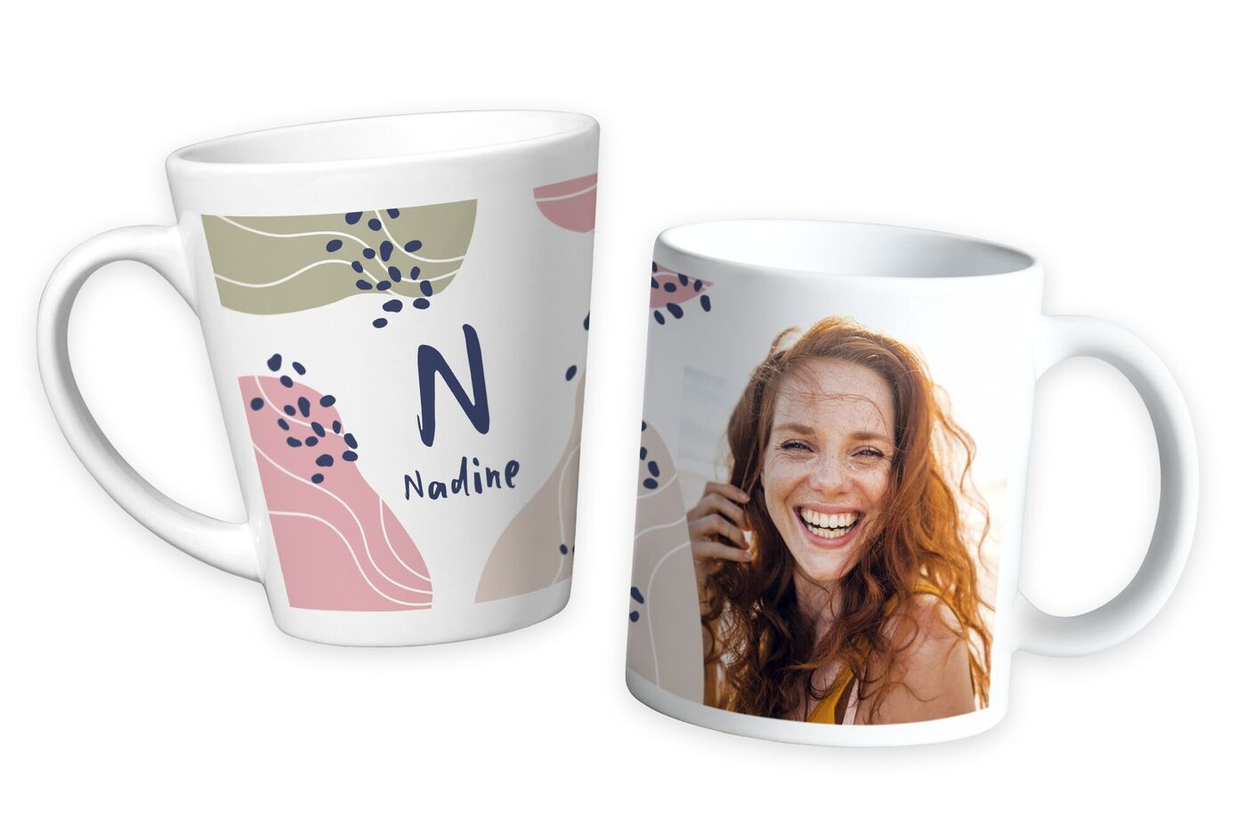 Witte mok met kleurrijk ontwerp en de naam Nadine.