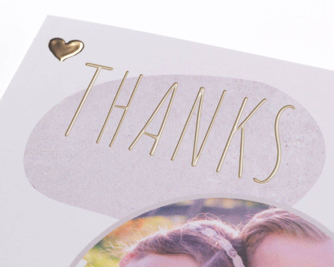 Bedankaarten met een warme "Thanks"-tekst en een foto van twee mensen.