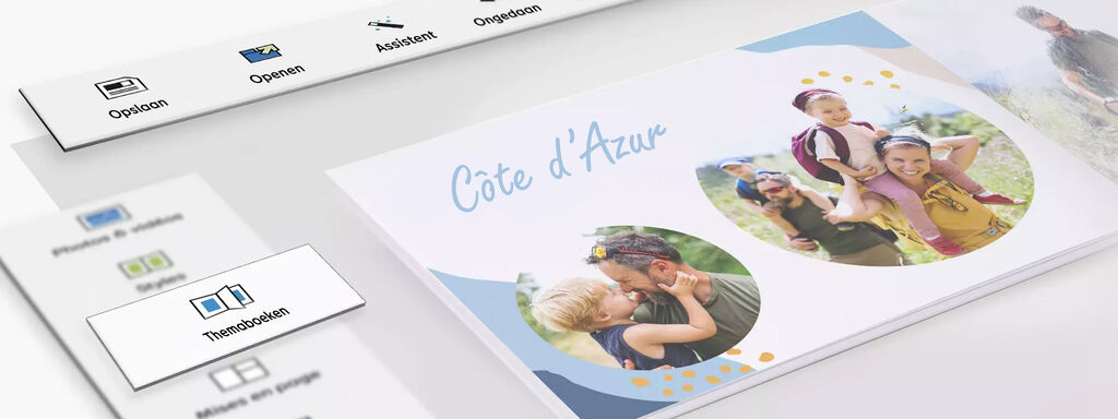 Ontwerp van een CEWE fotoboek met de titel 'Côte d'Azur', dat vreugdevolle momenten laat zien.