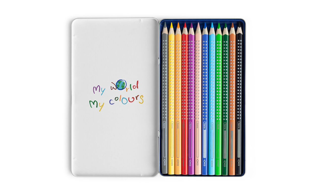 Kleurpotloden in een transparante doos met de tekst 'My World My Colours'