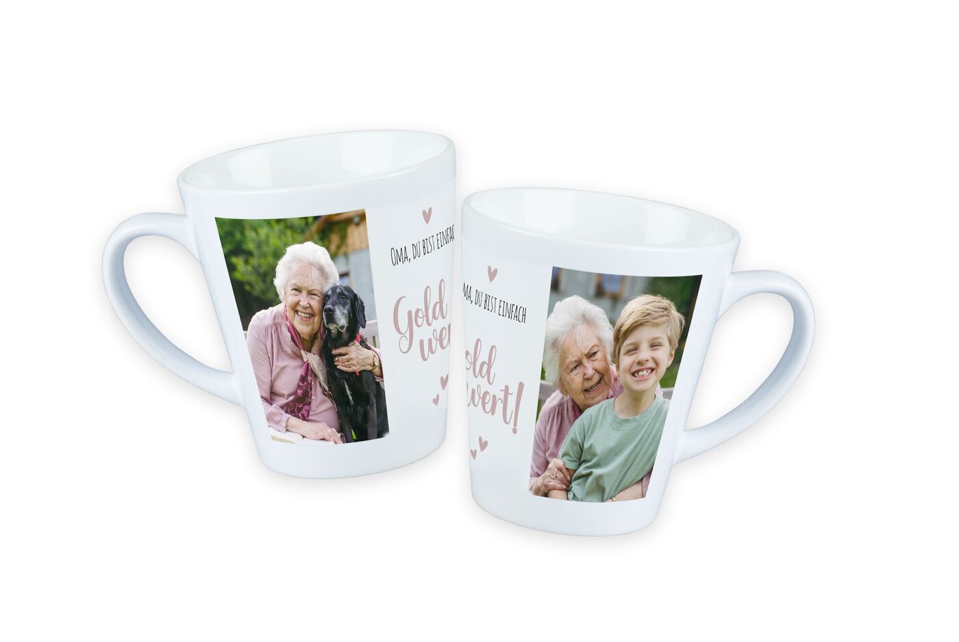 Kleinzoon en oma omarmen elkaar gelukkig op een latte macchiato beker.