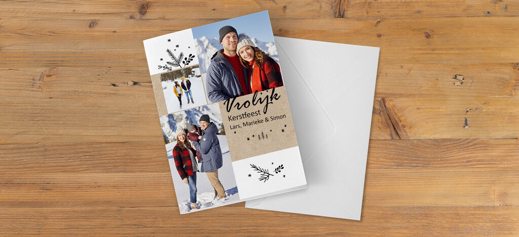 Kerstkaart met drie foto's, een paar en veel liefdevol ontwerp.