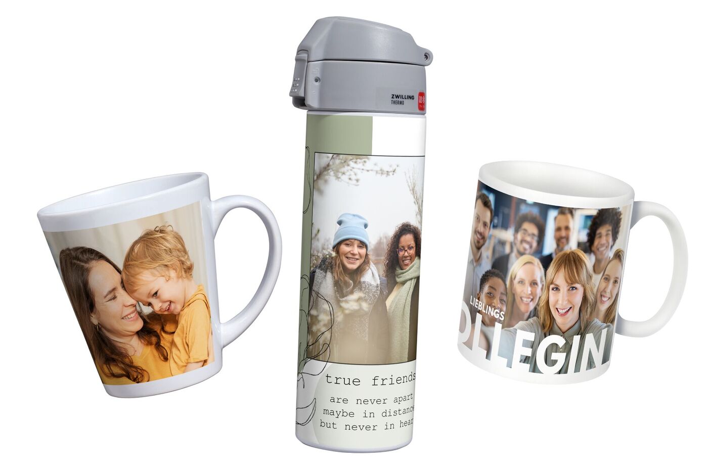 Twee gepersonaliseerde mokken en een fles, versierd met vrolijke herinneringsfoto's.