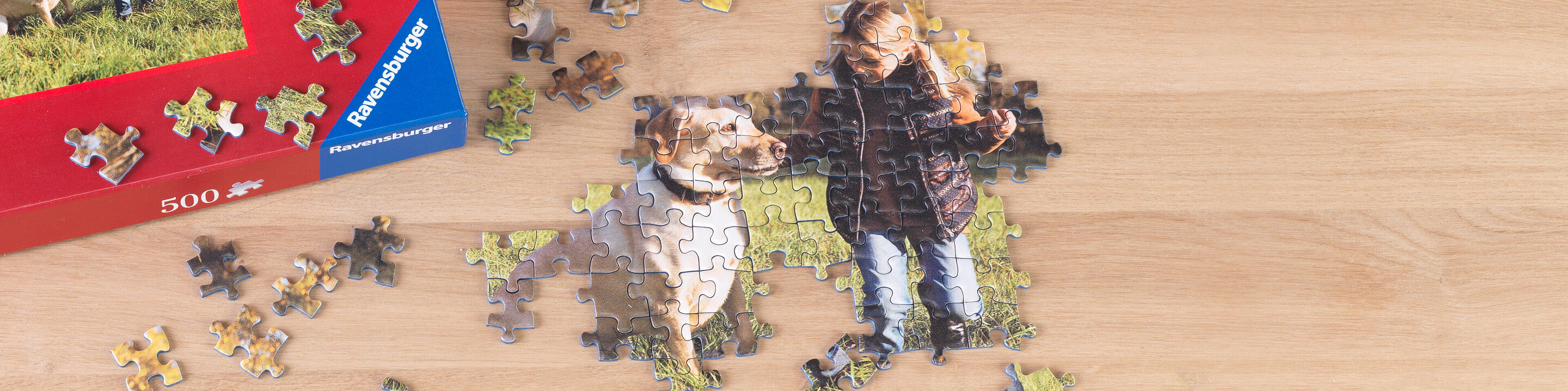 Puzzel met hond en mens, deels voltooid.