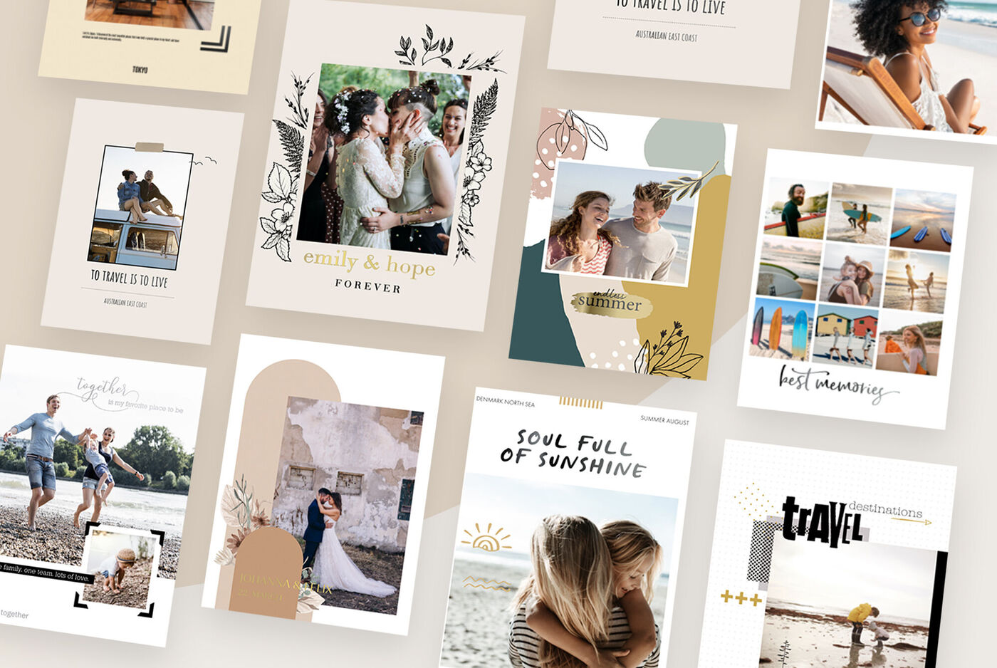 Meerdere fotoboek covers met verschillende ontwerpen en foto’s verspreid over een lichte achtergrond.