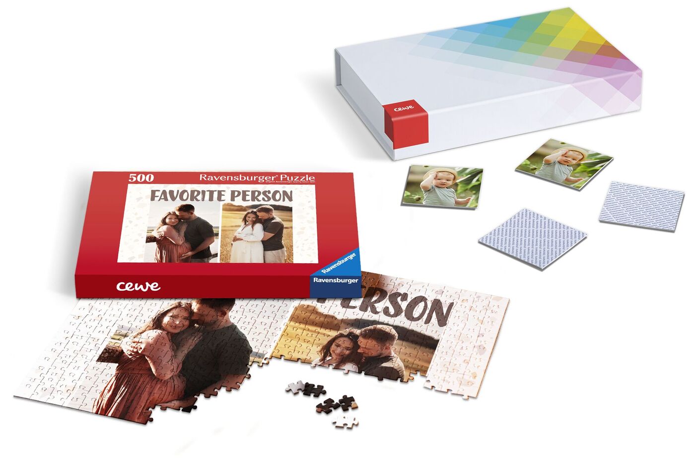 Een CEWE puzzel met een foto van een geliefde, met puzzelstukjes en verpakking.