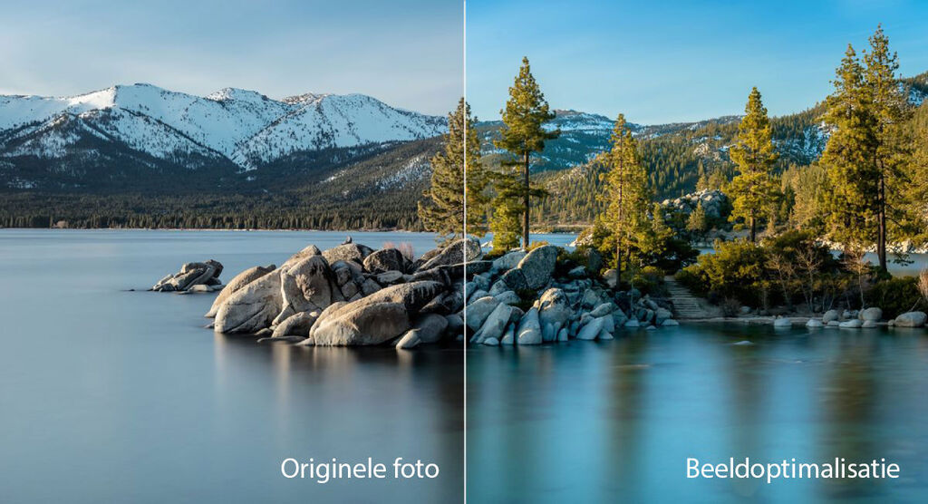 Vergelijking tussen een originele foto en een geoptimaliseerd beeld van een meer met bergen op de achtergrond.