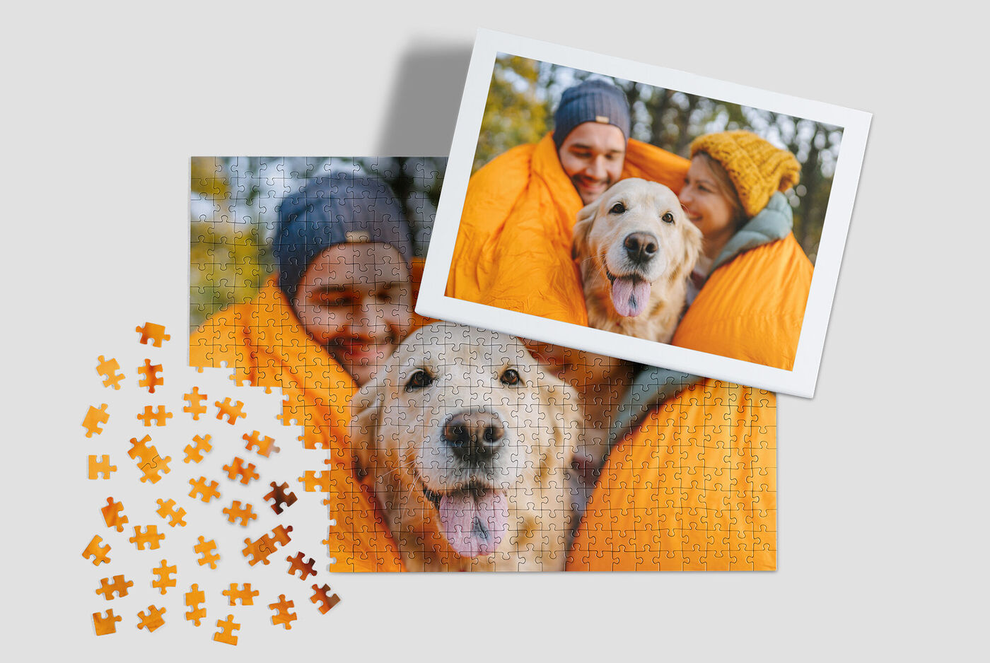 Een Golden Retriever glimlacht vanuit een oranje slaapzak, met een herfstlandschap op de achtergrond.