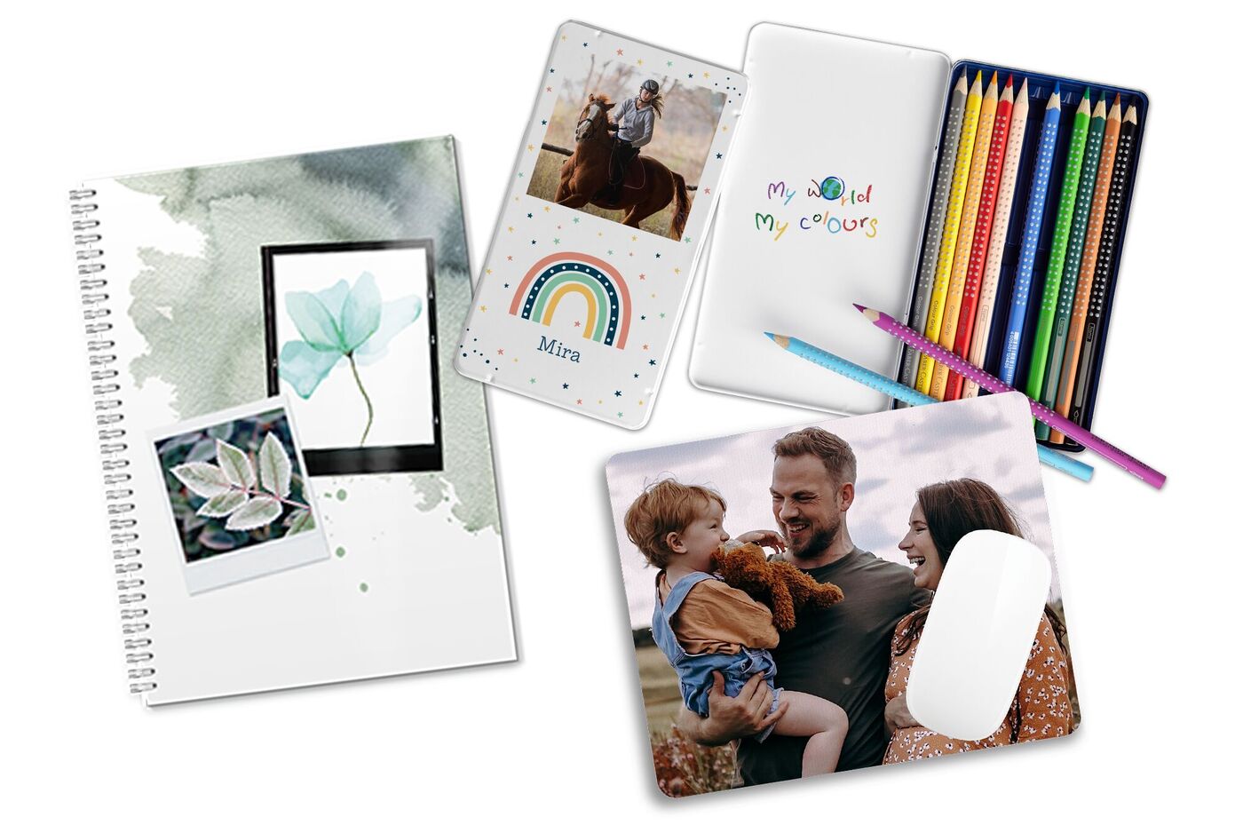 Kleurrijke schrijfwaren, notitieboek, een kleurenwiel en foto's met een kind en hun ouders.