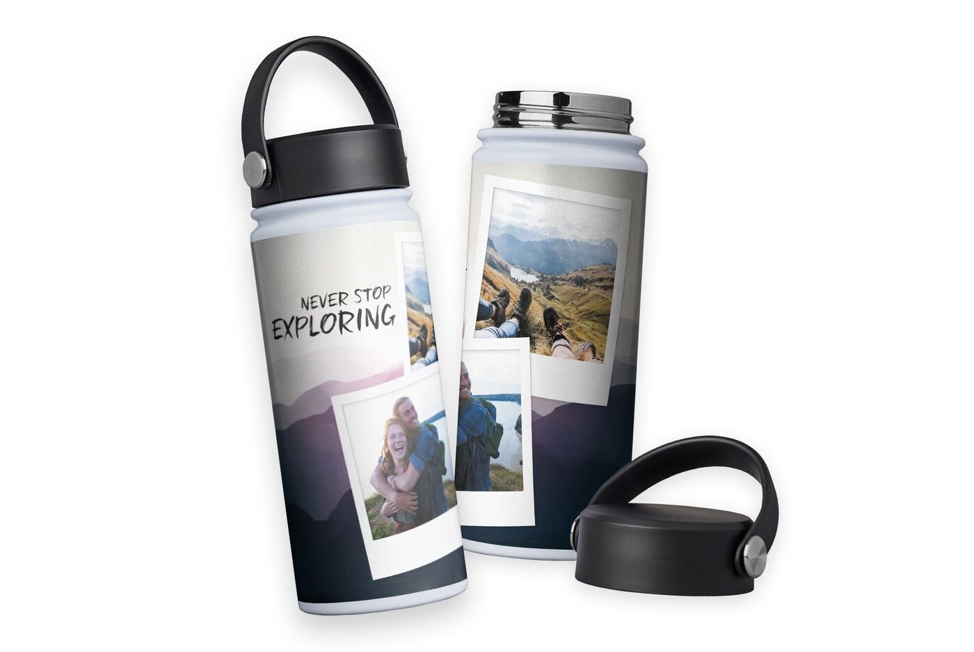 Een creatieve drinkfles met foto's en de tekst 'Never Stop Exploring' in een vrolijk ontwerp.  nl