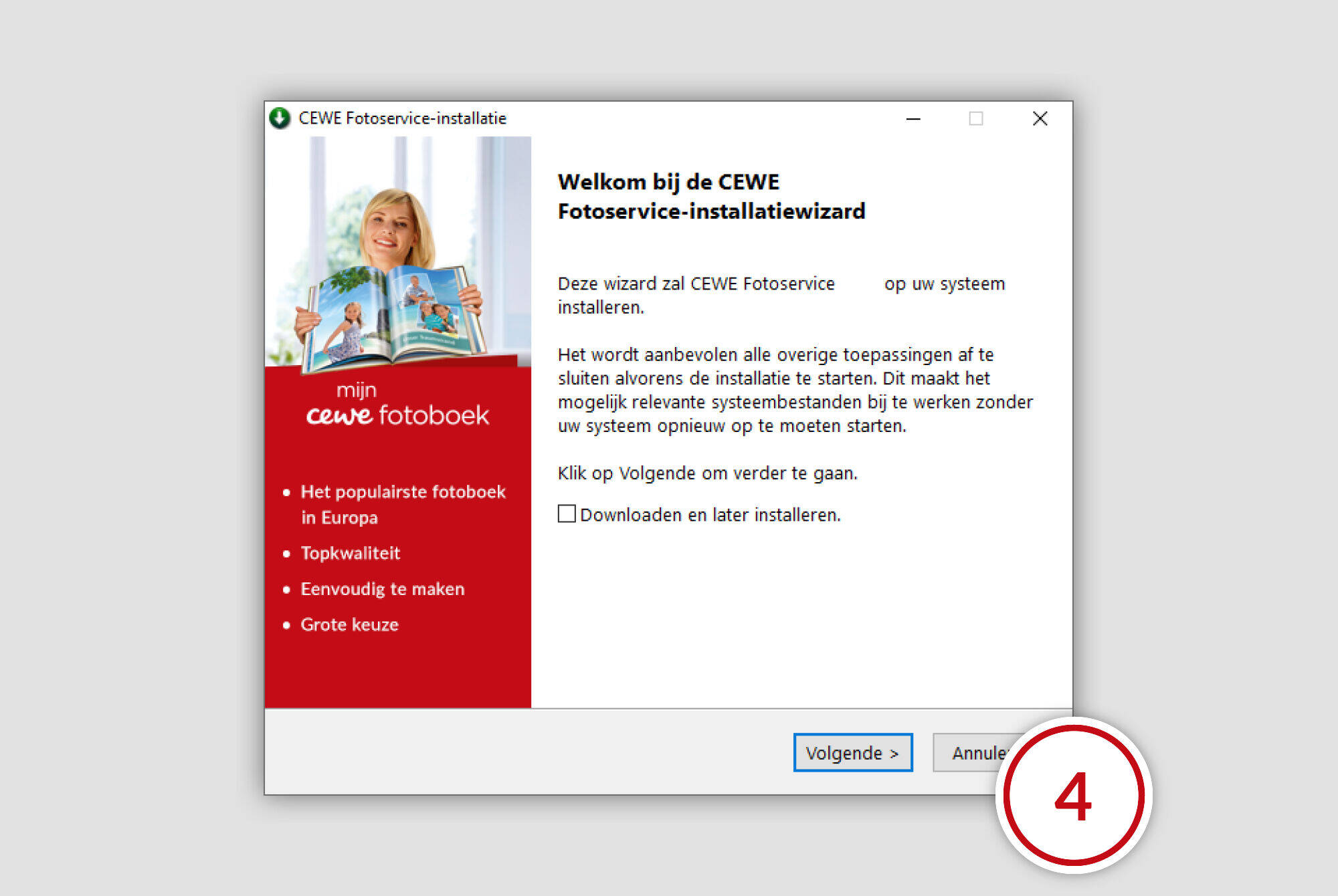 Overzicht van de CEWE Fotoboek-software-installatie. Een gebruiker ziet de software startpagina.