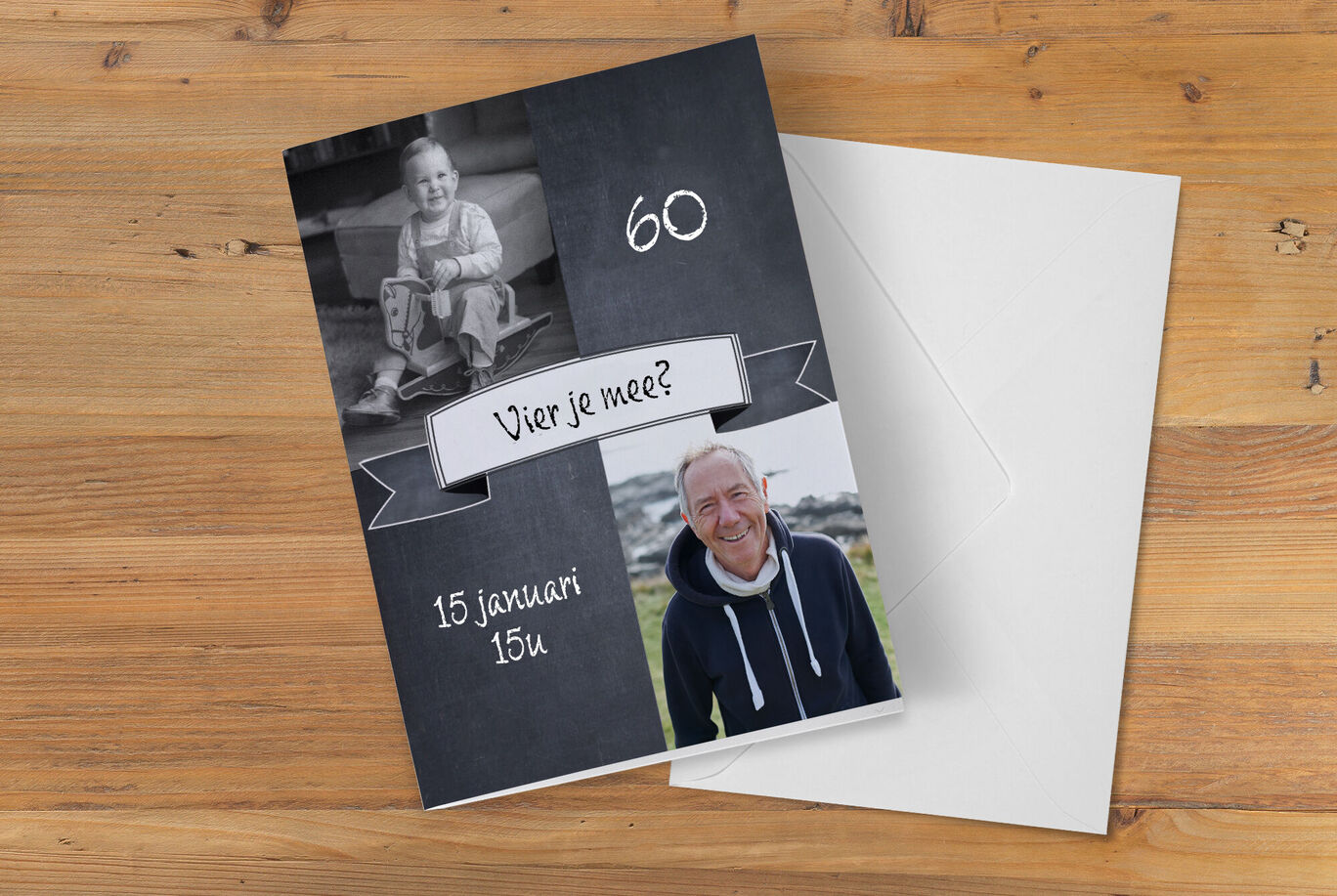 Twee foto's voor een uitnodiging voor het feest met een hartelijke boodschap.