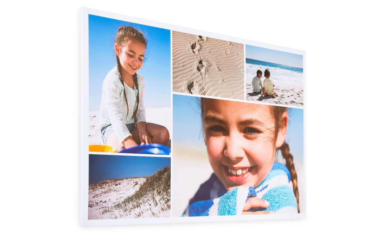Collage van meerdere foto's aan het strand met kinderen en voetafdrukken in het zand.
