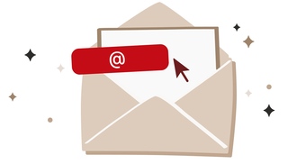 Illustratie van een open envelop met een e-mail icoon en pijltje, omringd door sterren.
