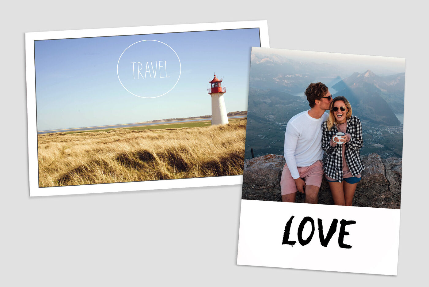 Vuurtoren in het landschap en een koppel dat elkaar kust. Vakantiemomenten en liefde worden getoond.