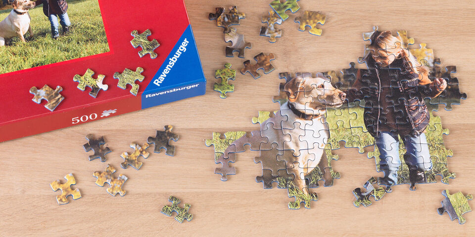 Een leerling maakt een puzzel met een foto van een hond in de natuur.