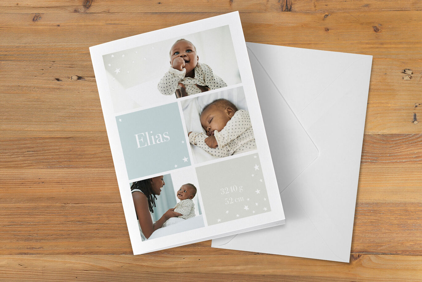 Voorkant toont een babykaart met de naam Elias. Zachte kleuren en foto's van baby en moeder tonen vreugde en liefde.
